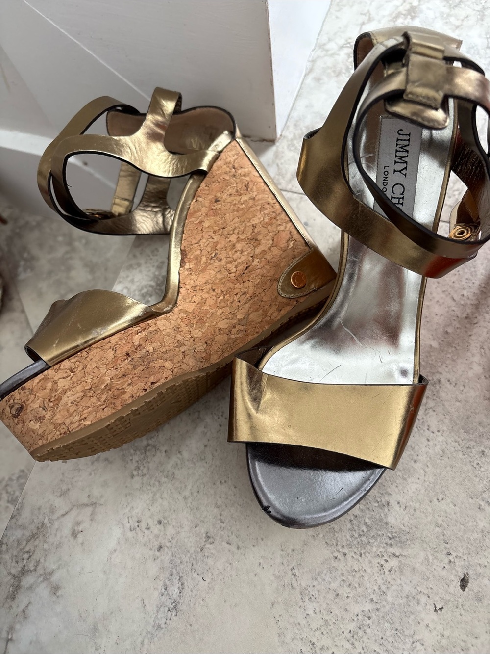 Jimmy Choo Gold Metallic Leather Cork Wedge Sandals